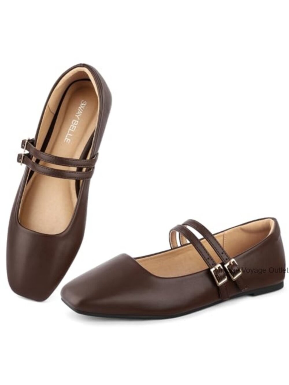 Women Mary Jane Flats Double Straps Faux Leather Square Toe Slip On Shoes